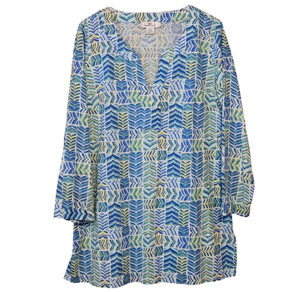 Vineyard Vines Tunic Dress Womens L 3/4 Sleeve Linen Blend Swim Cover‎ Up Resort